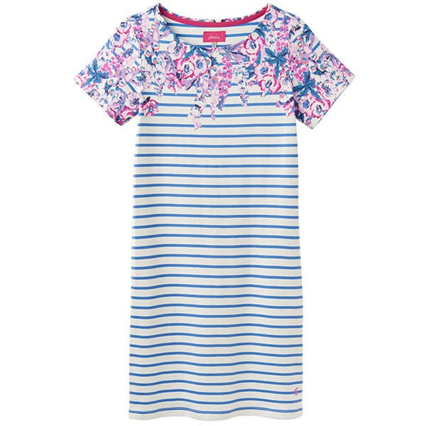 Joules Riviera Print Blue Floral Stripe Printed Dress With Short Sleeves Size 18 Harts of Stur