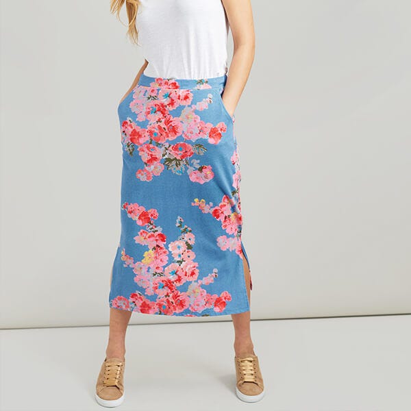 Joules Amara Print Blue Floral Jersey Midi Skirt Size 16 Harts of Stur