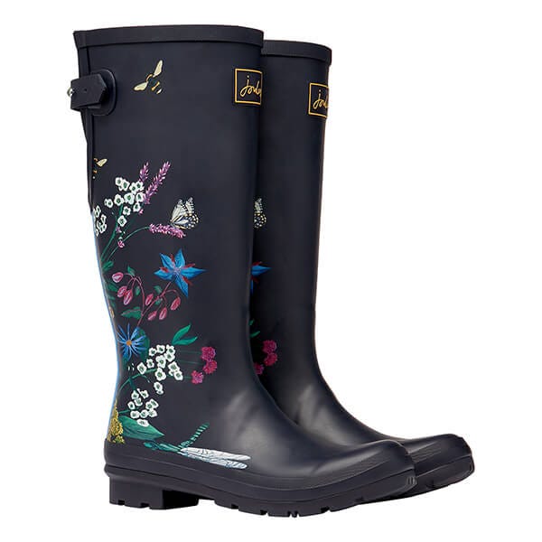 Joules Navy Bee Floral Wellies With Adjustable Back Gusset Harts of Stur