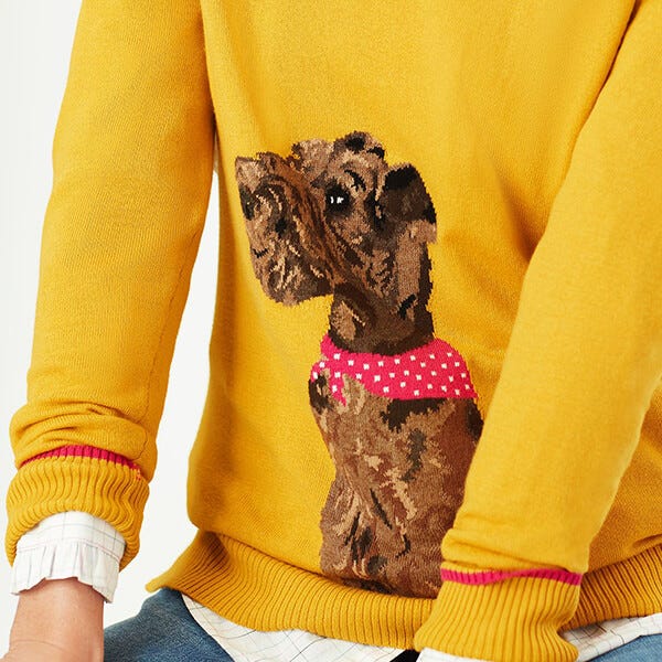 Joules Gold Dog Miranda Knitted Intarsia Crew Neck Jumper Harts of Stur