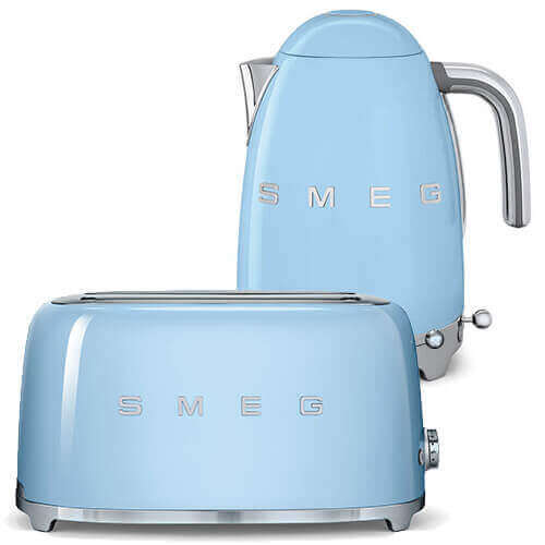 Smeg 4 Slice Toaster And Smeg Variable Temperature 3d Logo Kettle Pastel Blue