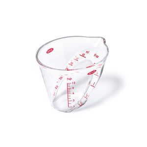 Mainstays Clear Plastic Angled 2 Cup Measuring Cup with Measurements  Labeled in Black. 