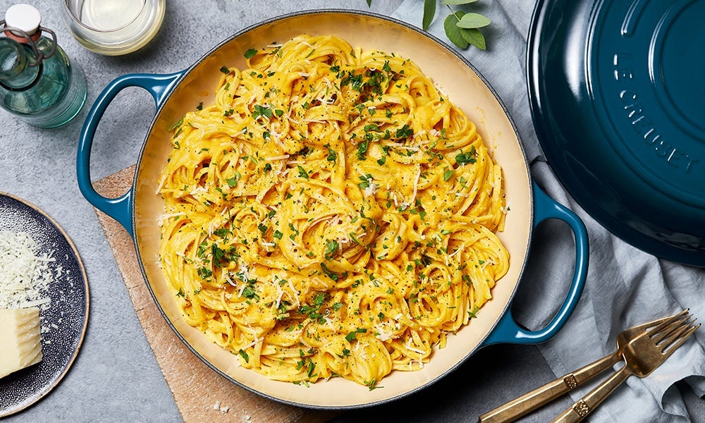 Creamy Butternut Squash Linguine - Le Creuset Deep Teal