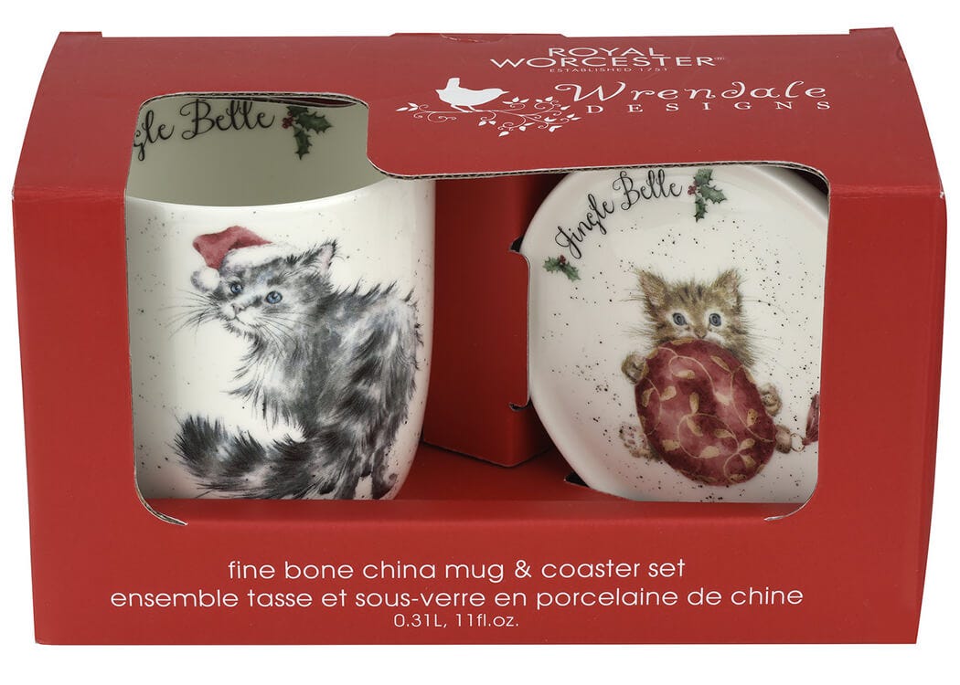 Wrendale Designs Fine Bone China Mug & Coaster Set Jingle Belle Cat